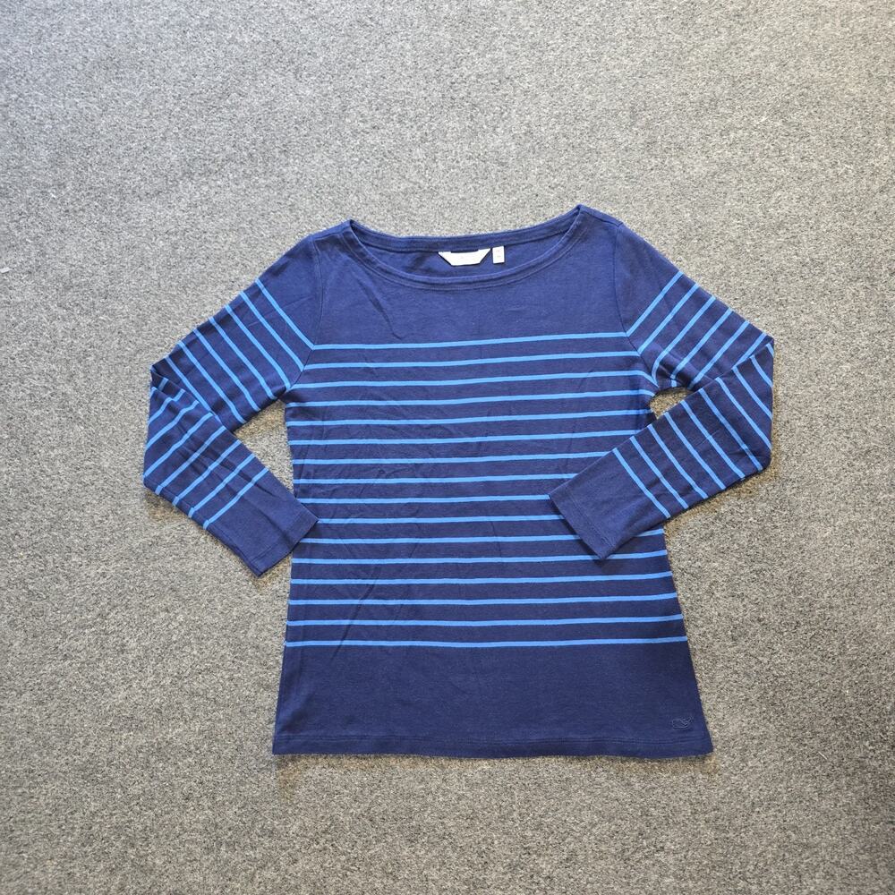 Vineyard Vines Top Womens Size Medium Blue Striped Boat Neck Long Sleeve Casual